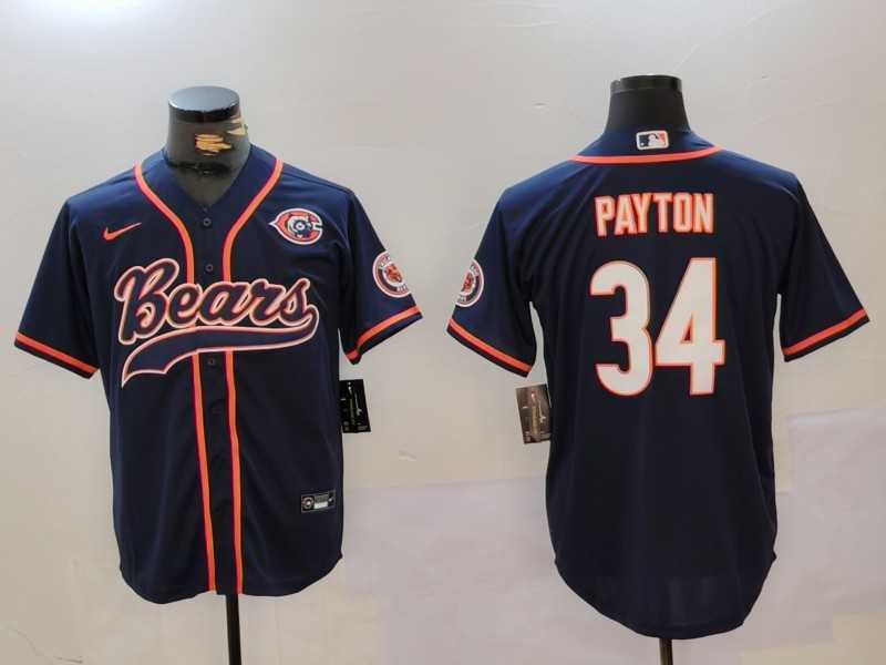 Mens Chicago Bears #34 Walter Payton Navy Throwback With Patch Cool Base Stitched Baseball Jersey